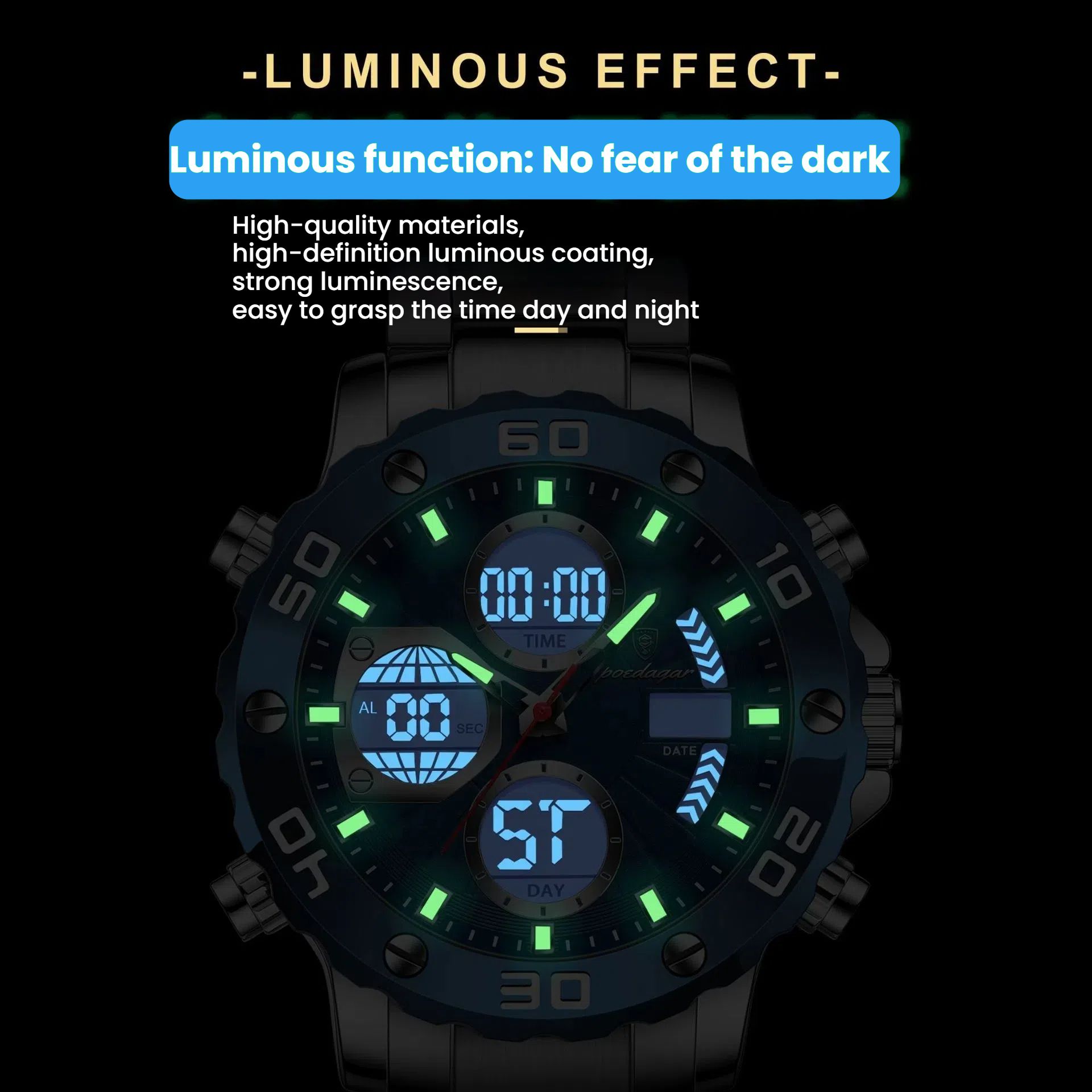POEDAGAR Official Certified Product 2025 New dual display electronic watch for men; multi-functional luminous watch