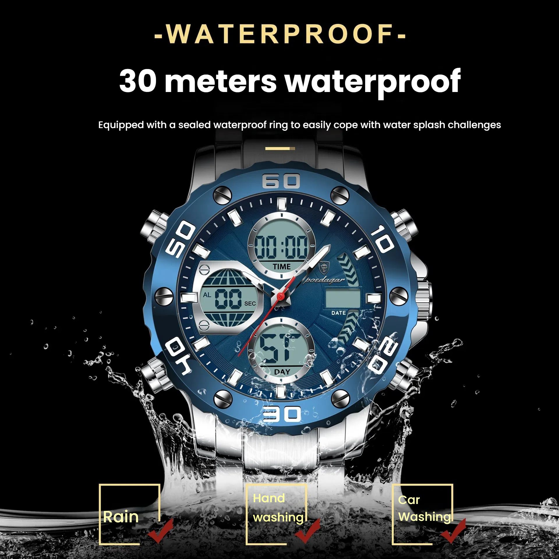POEDAGAR Official Certified Product 2025 New dual display electronic watch for men; multi-functional luminous watch