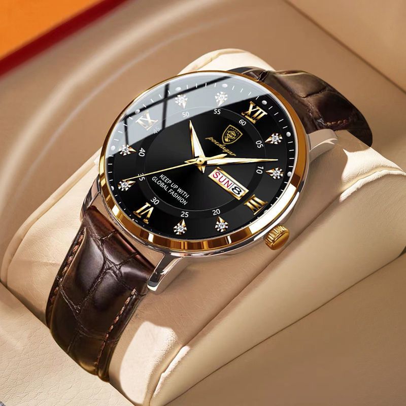 POEDAGAR Official Certified Product 2025 New men's waterproof luminous calendar week quartz leather belt wristwatch