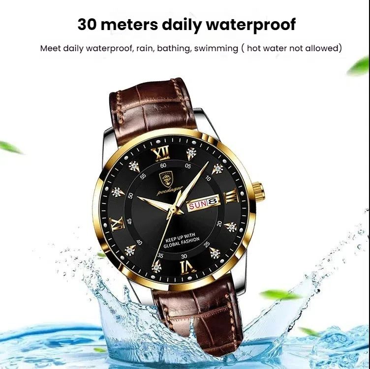 POEDAGAR Official Certified Product 2025 New men's waterproof luminous calendar week quartz leather belt wristwatch