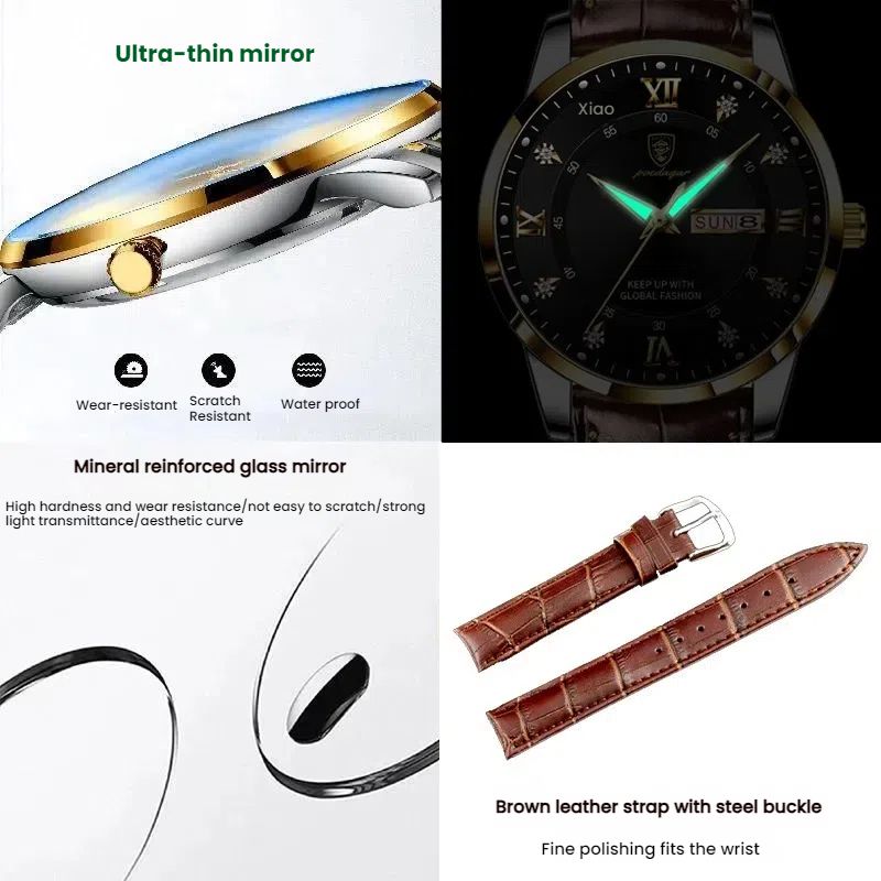 POEDAGAR Official Certified Product 2025 New men's waterproof luminous calendar week quartz leather belt wristwatch