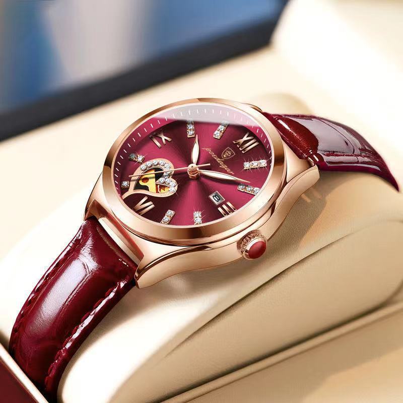 POEDAGAR Official Certified Product 2025 New Girl's/Women’s waterproof luminous calendar quartz leather belt wristwatch