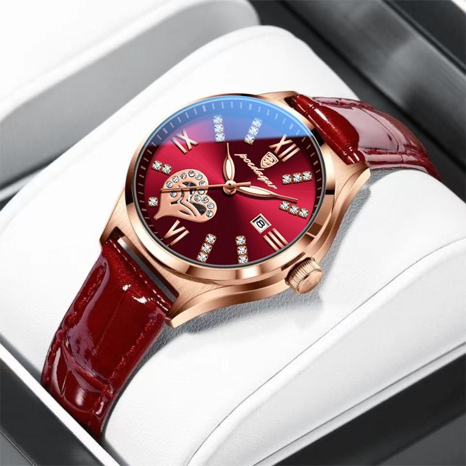 POEDAGAR Official Certified Product 2025 New Girl's/Women’s waterproof luminous calendar quartz leather belt wristwatch
