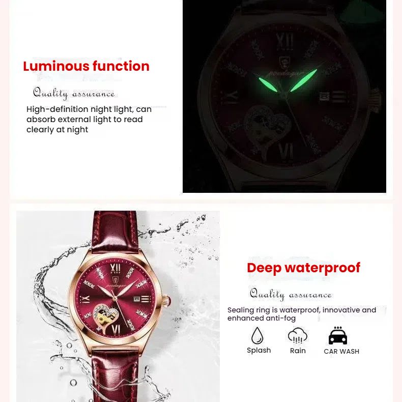 POEDAGAR Official Certified Product 2025 New Girl's/Women’s waterproof luminous calendar quartz leather belt wristwatch