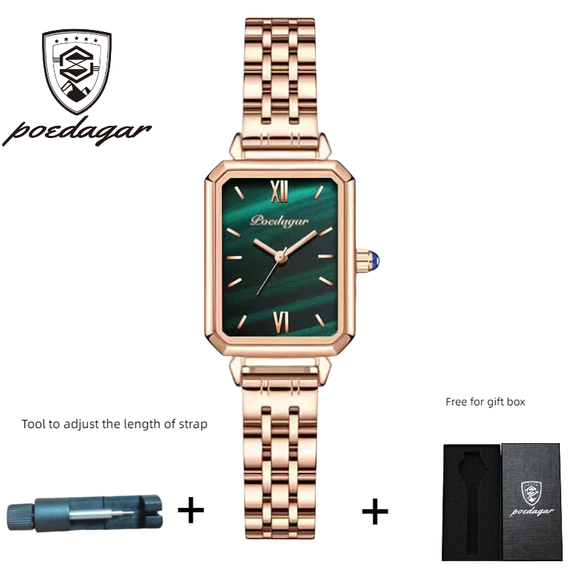 POEDAGAR Official Certified Product 2025 New Girl's/Women’s waterproof Peacock green quartz steel strap wristwatch