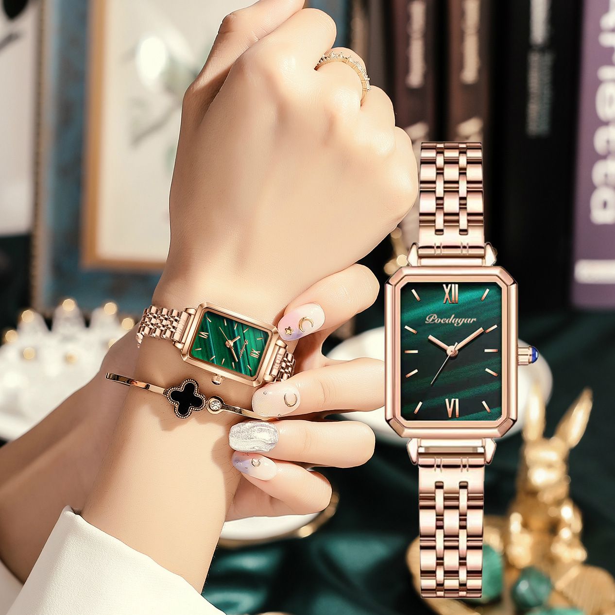 POEDAGAR Official Certified Product 2025 New Girl's/Women’s waterproof Peacock green quartz steel strap wristwatch