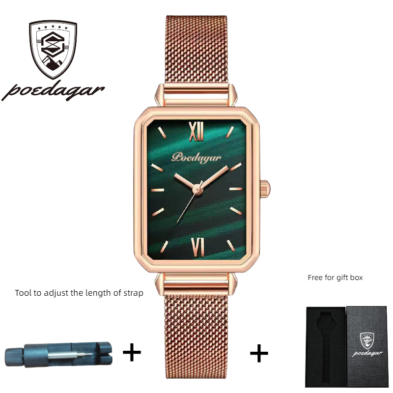 POEDAGAR Official Certified Product 2025 New Girl's/Women’s waterproof Peacock green quartz steel strap wristwatch
