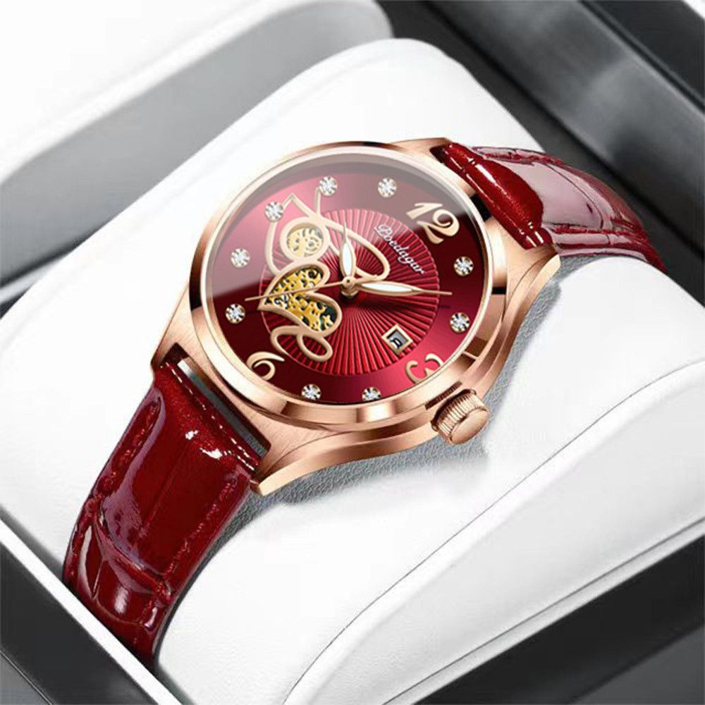 POEDAGAR Official Certified Product 2025 New Girl's/Women’s fashionable waterproof lumious calendar  quartz leather belt wristwatch