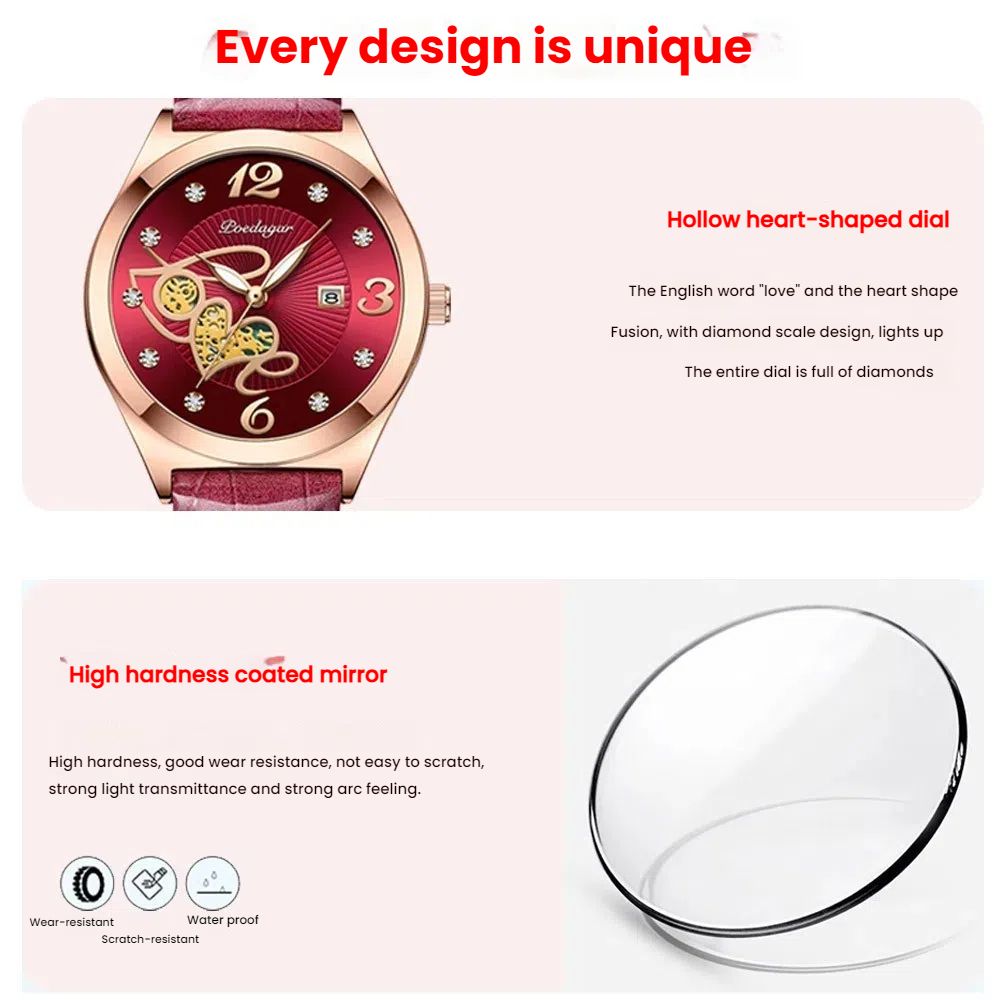 POEDAGAR Official Certified Product 2025 New Girl's/Women’s fashionable waterproof lumious calendar  quartz leather belt wristwatch