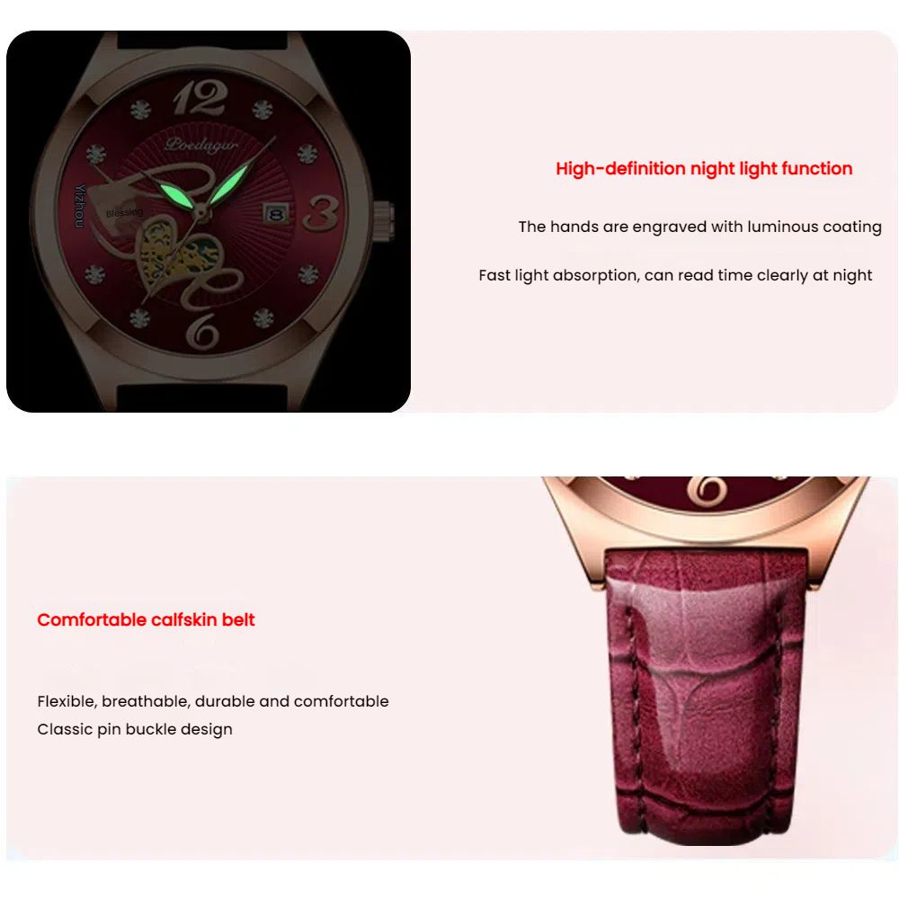 POEDAGAR Official Certified Product 2025 New Girl's/Women’s fashionable waterproof lumious calendar  quartz leather belt wristwatch