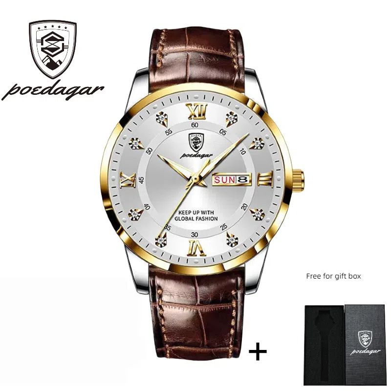 POEDAGAR Official Certified Product 2025 New men's waterproof luminous calendar week quartz leather belt wristwatch