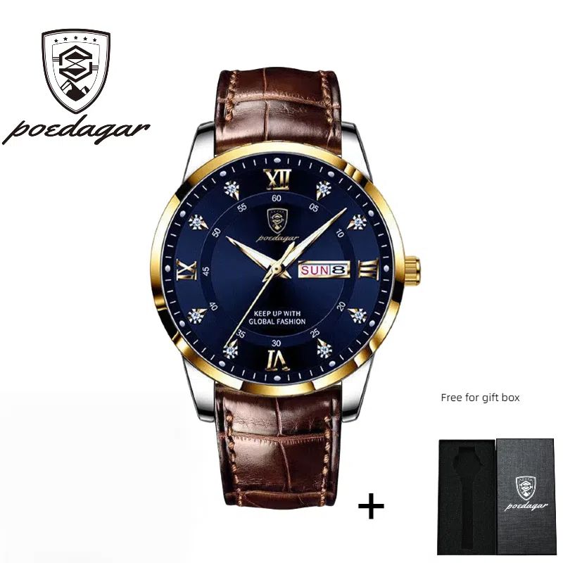 POEDAGAR Official Certified Product 2025 New men's waterproof luminous calendar week quartz leather belt wristwatch