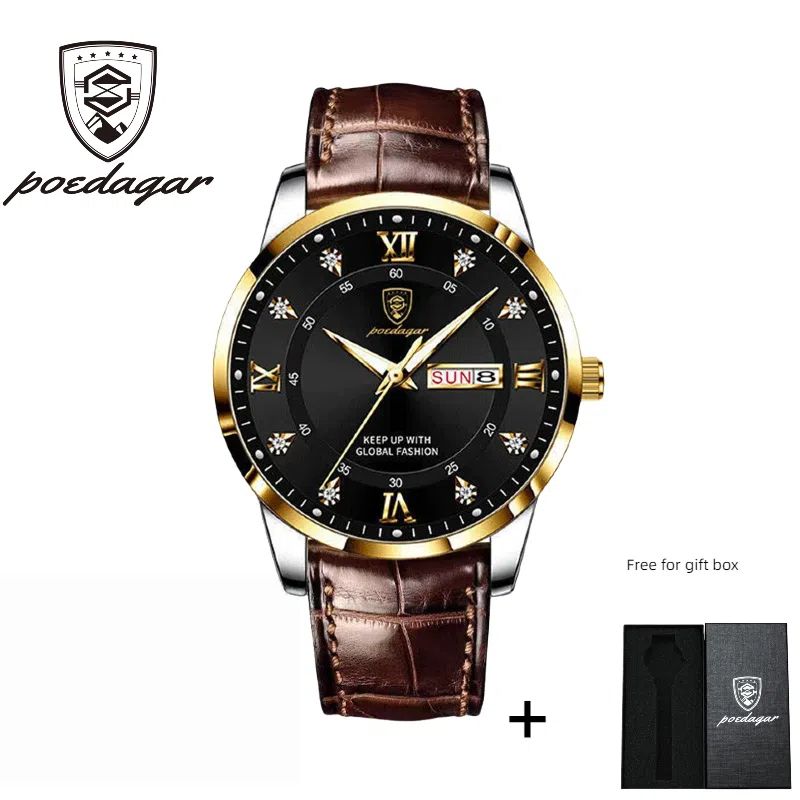 POEDAGAR Official Certified Product 2025 New men's waterproof luminous calendar week quartz leather belt wristwatch