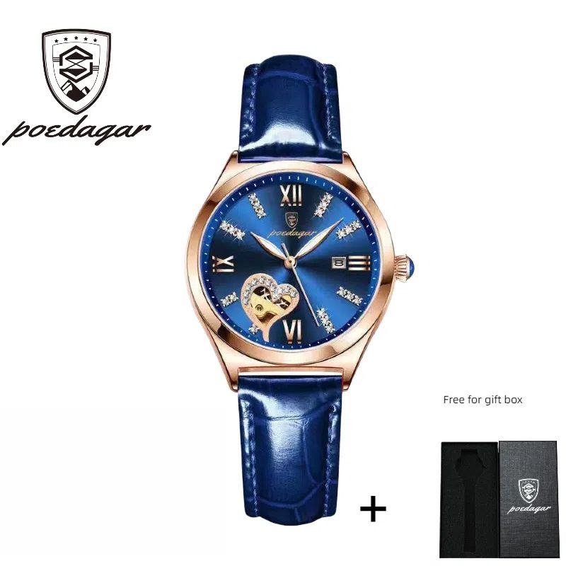 POEDAGAR Official Certified Product 2025 New Girl's/Women’s waterproof luminous calendar quartz leather belt wristwatch