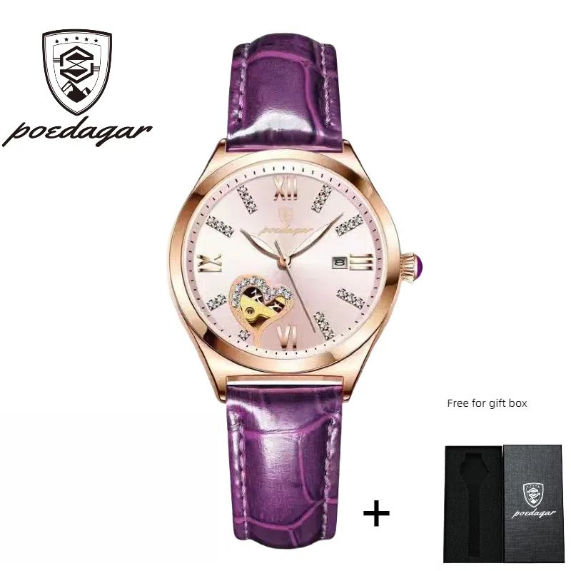 POEDAGAR Official Certified Product 2025 New Girl's/Women’s waterproof luminous calendar quartz leather belt wristwatch