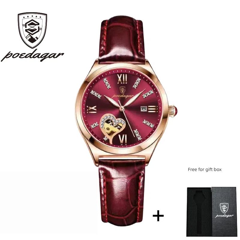 POEDAGAR Official Certified Product 2025 New Girl's/Women’s waterproof luminous calendar quartz leather belt wristwatch