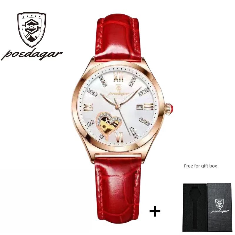 POEDAGAR Official Certified Product 2025 New Girl's/Women’s waterproof luminous calendar quartz leather belt wristwatch
