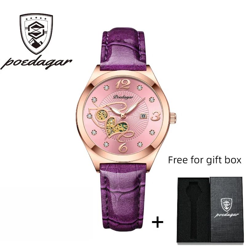 POEDAGAR Official Certified Product 2025 New Girl's/Women’s fashionable waterproof lumious calendar  quartz leather belt wristwatch