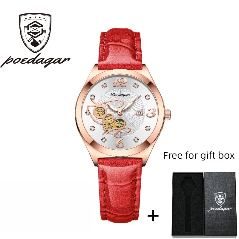 POEDAGAR Official Certified Product 2025 New Girl's/Women’s fashionable waterproof lumious calendar  quartz leather belt wristwatch