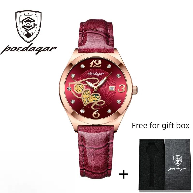 POEDAGAR Official Certified Product 2025 New Girl's/Women’s fashionable waterproof lumious calendar  quartz leather belt wristwatch