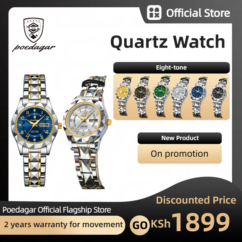 POEDAGAR Official Certified Product 2025 New Girl's/Women’s waterproof calendar week luminous quartz steel strap wristwatch