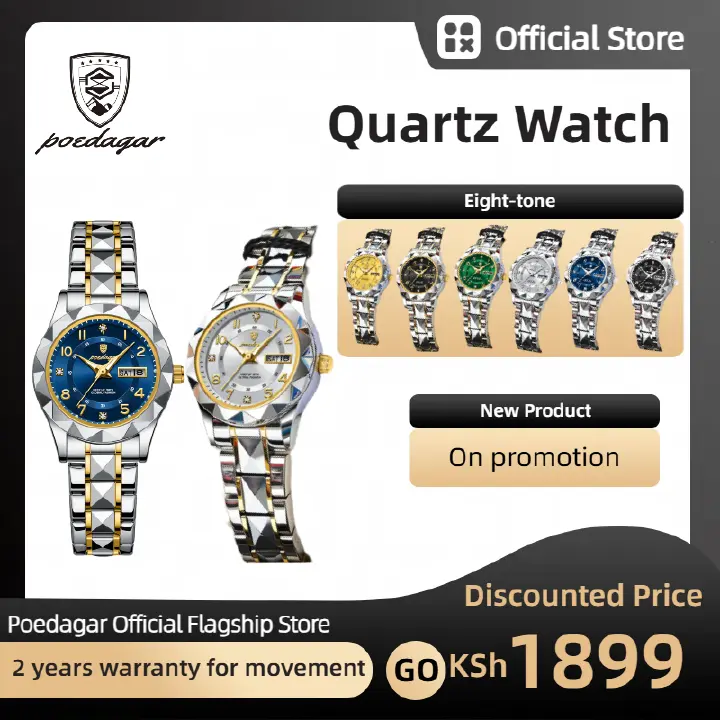 POEDAGAR Official Certified Product 2025 New Girl's/Women’s waterproof calendar week luminous quartz steel strap wristwatch
