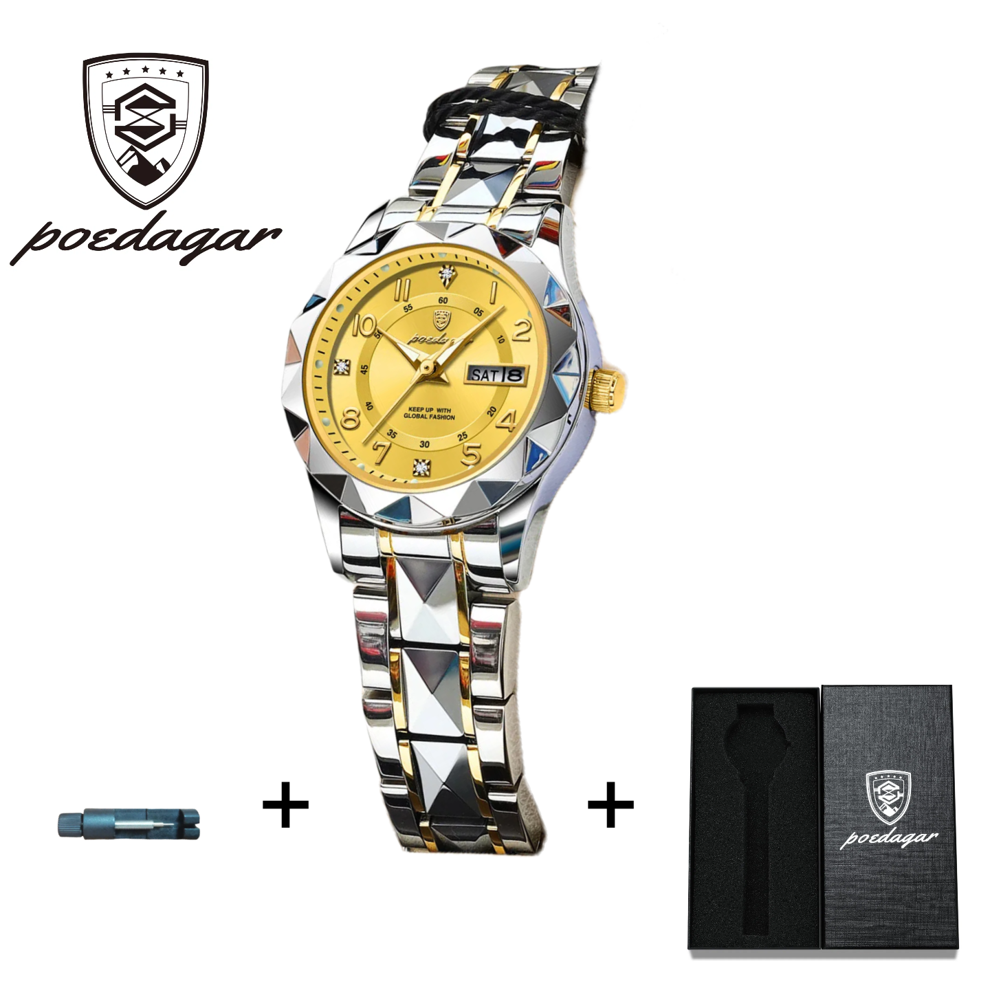 POEDAGAR Official Certified Product 2025 New Girl's/Women’s waterproof calendar week luminous quartz steel strap wristwatch