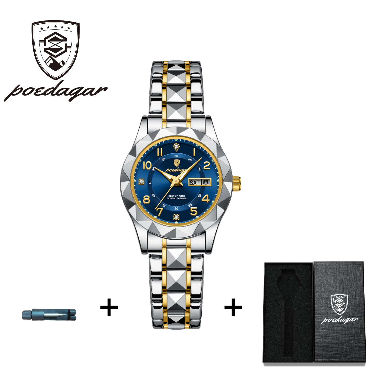 POEDAGAR Official Certified Product 2025 New Girl's/Women’s waterproof calendar week luminous quartz steel strap wristwatch