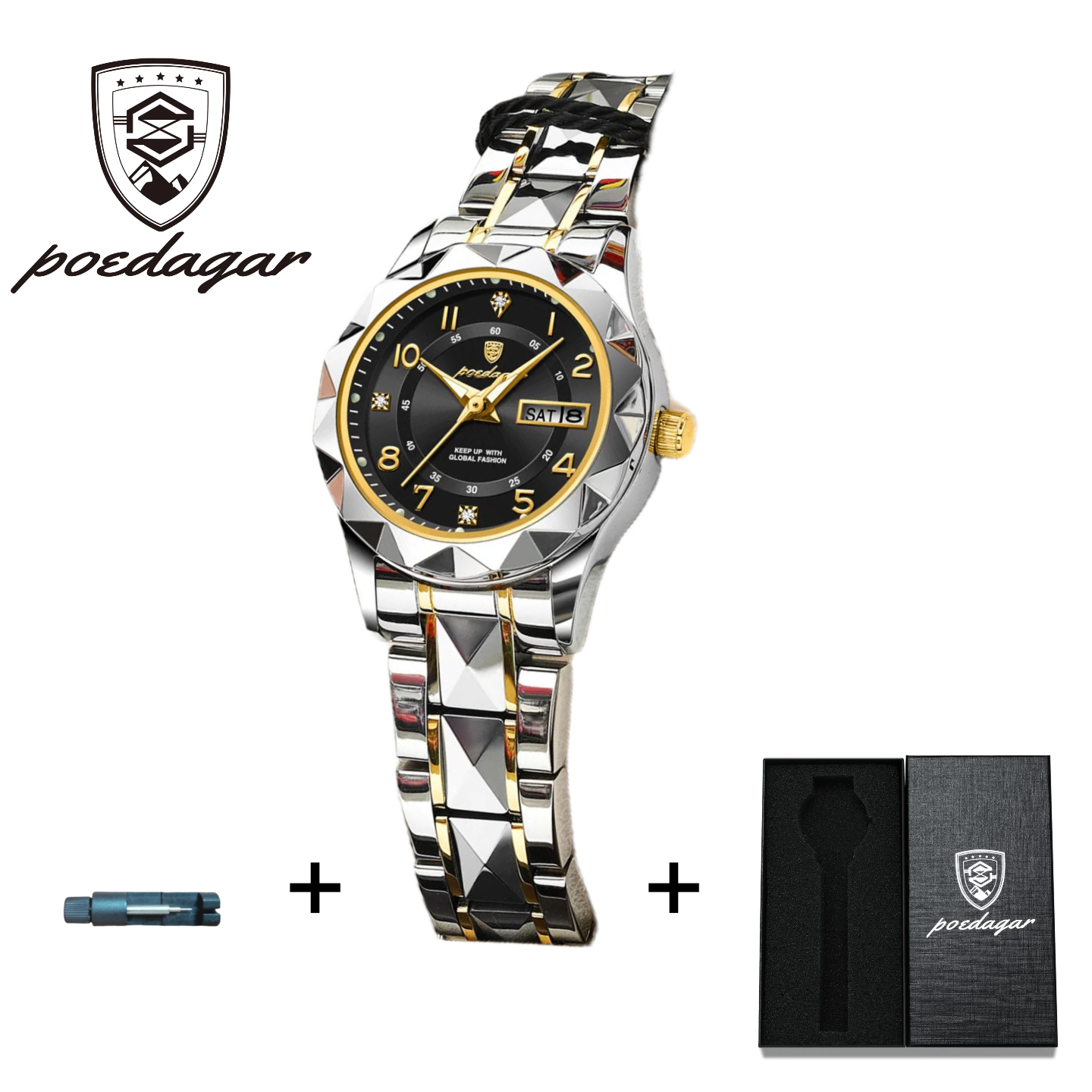 POEDAGAR Official Certified Product 2025 New Girl's/Women’s waterproof calendar week luminous quartz steel strap wristwatch