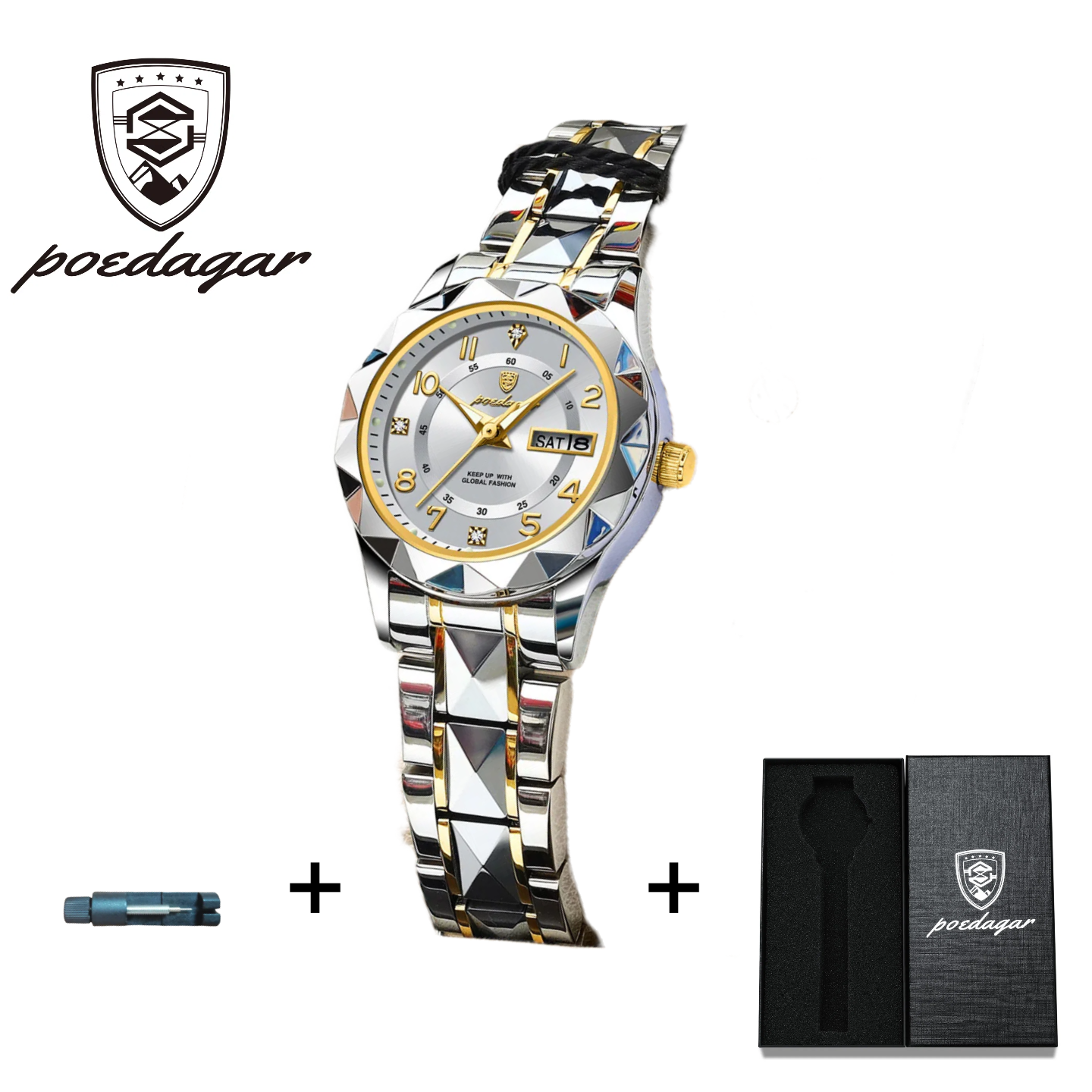 POEDAGAR Official Certified Product 2025 New Girl's/Women’s waterproof calendar week luminous quartz steel strap wristwatch