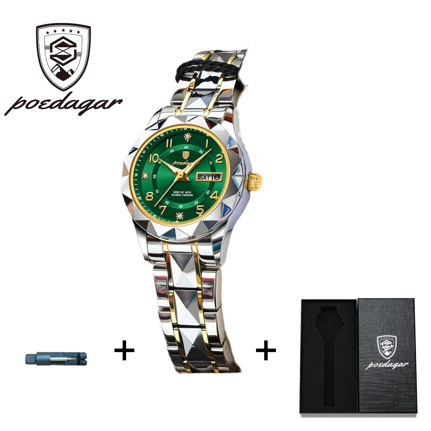 POEDAGAR Official Certified Product 2025 New Girl's/Women’s waterproof calendar week luminous quartz steel strap wristwatch