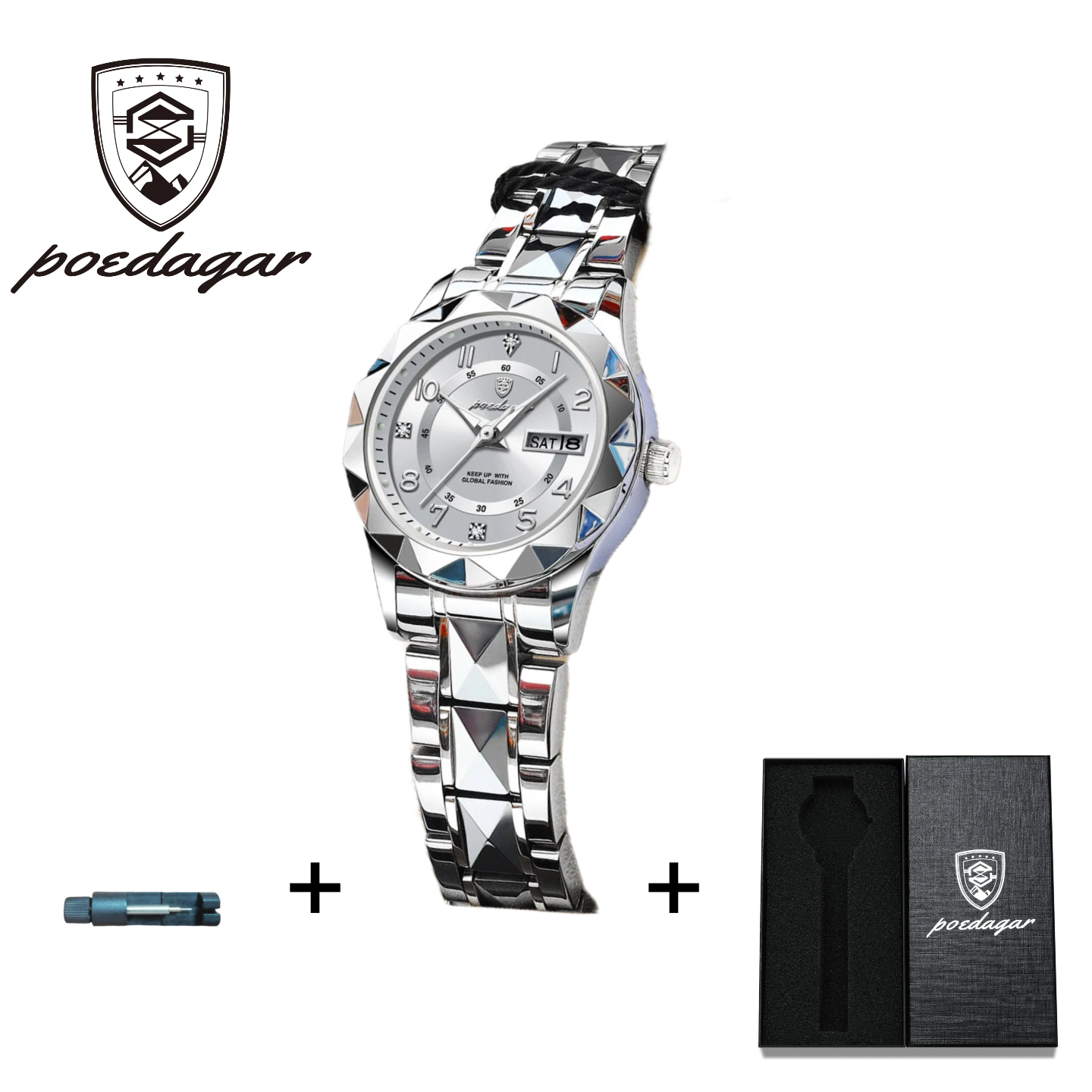 POEDAGAR Official Certified Product 2025 New Girl's/Women’s waterproof calendar week luminous quartz steel strap wristwatch