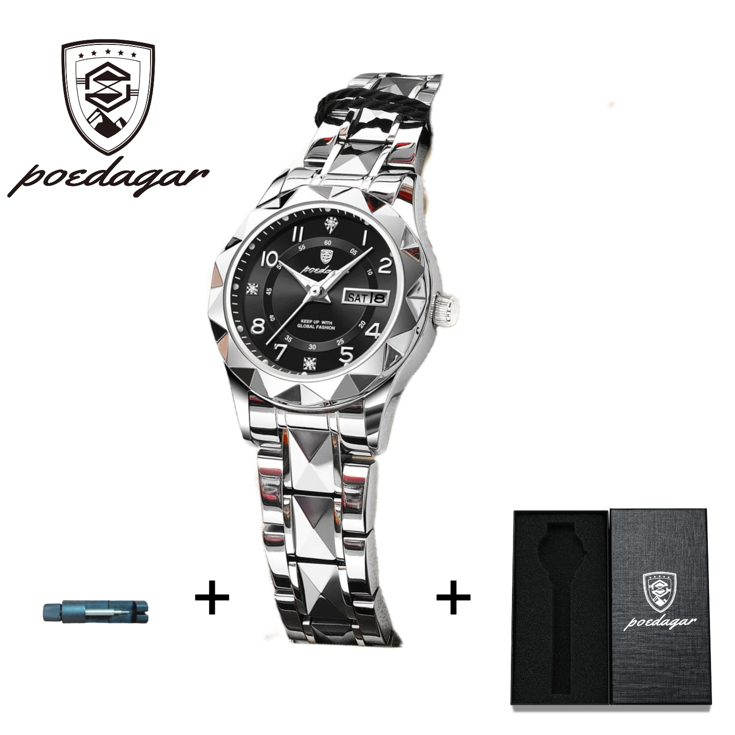 POEDAGAR Official Certified Product 2025 New Girl's/Women’s waterproof calendar week luminous quartz steel strap wristwatch