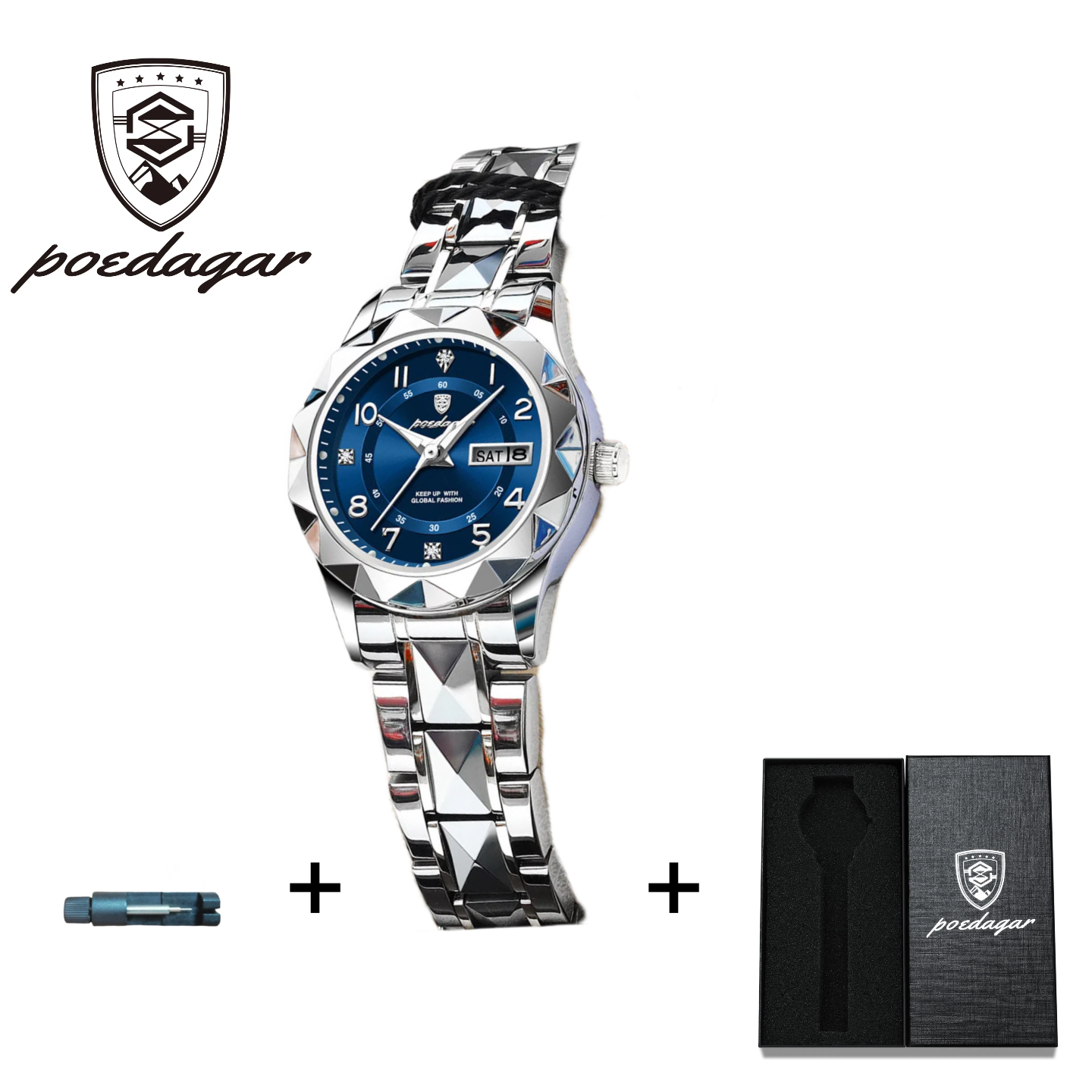 POEDAGAR Official Certified Product 2025 New Girl's/Women’s waterproof calendar week luminous quartz steel strap wristwatch