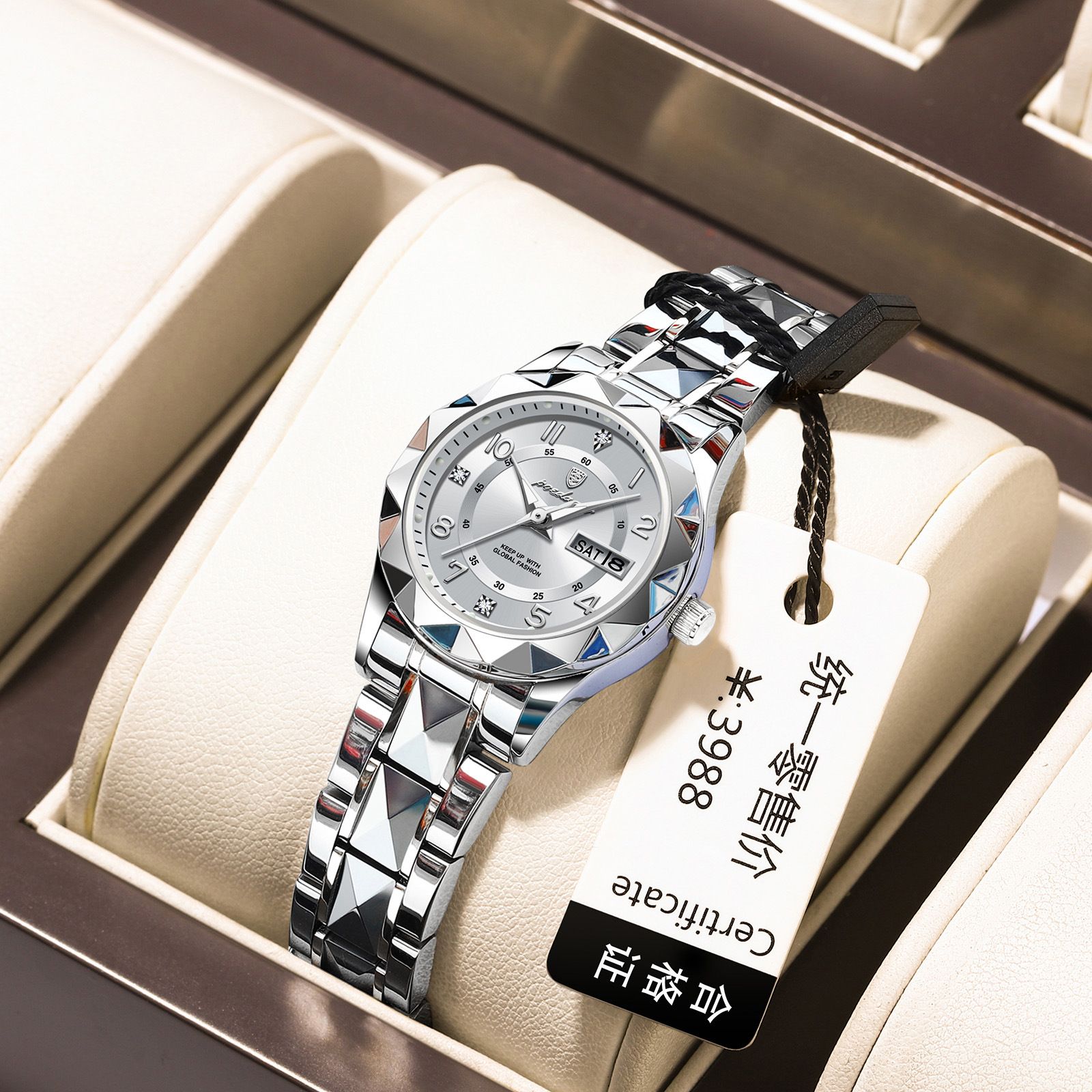 POEDAGAR Official Certified Product 2025 New Girl's/Women’s waterproof calendar week luminous quartz steel strap wristwatch