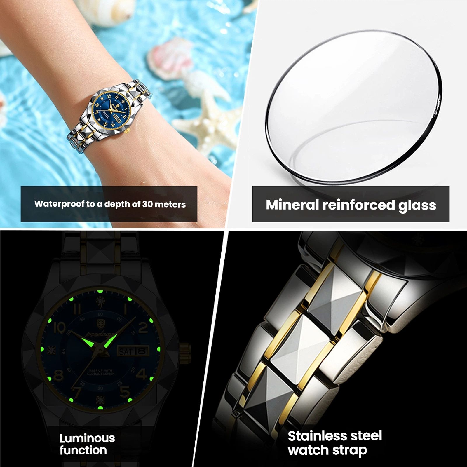 POEDAGAR Official Certified Product 2025 New Girl's/Women’s waterproof calendar week luminous quartz steel strap wristwatch