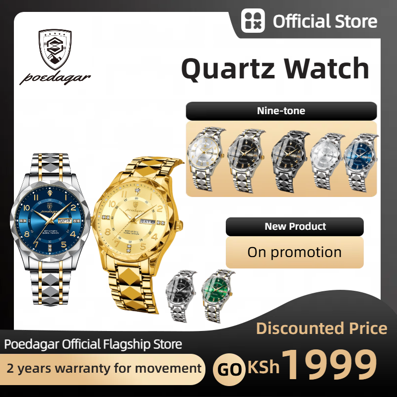 POEDAGAR Official Certified Product 2025 New men's waterproof luminous calendar quartz  steel belt wristwatch