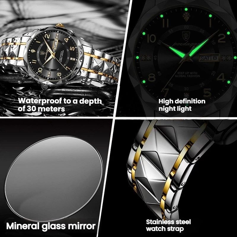 POEDAGAR Official Certified Product 2025 New men's waterproof luminous calendar quartz  steel belt wristwatch
