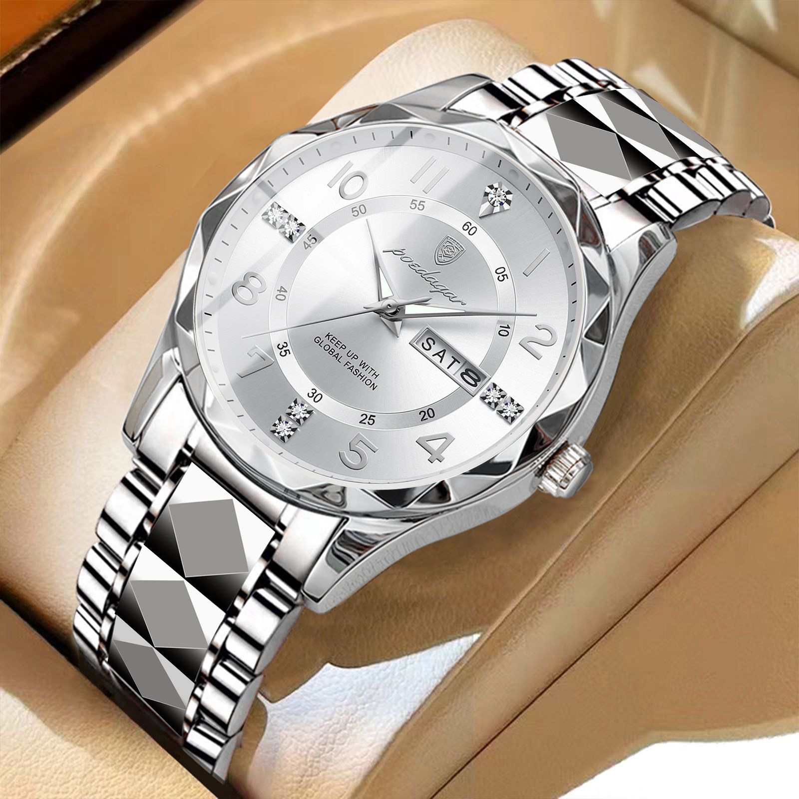 POEDAGAR Official Certified Product 2025 New men's waterproof luminous calendar quartz  steel belt wristwatch
