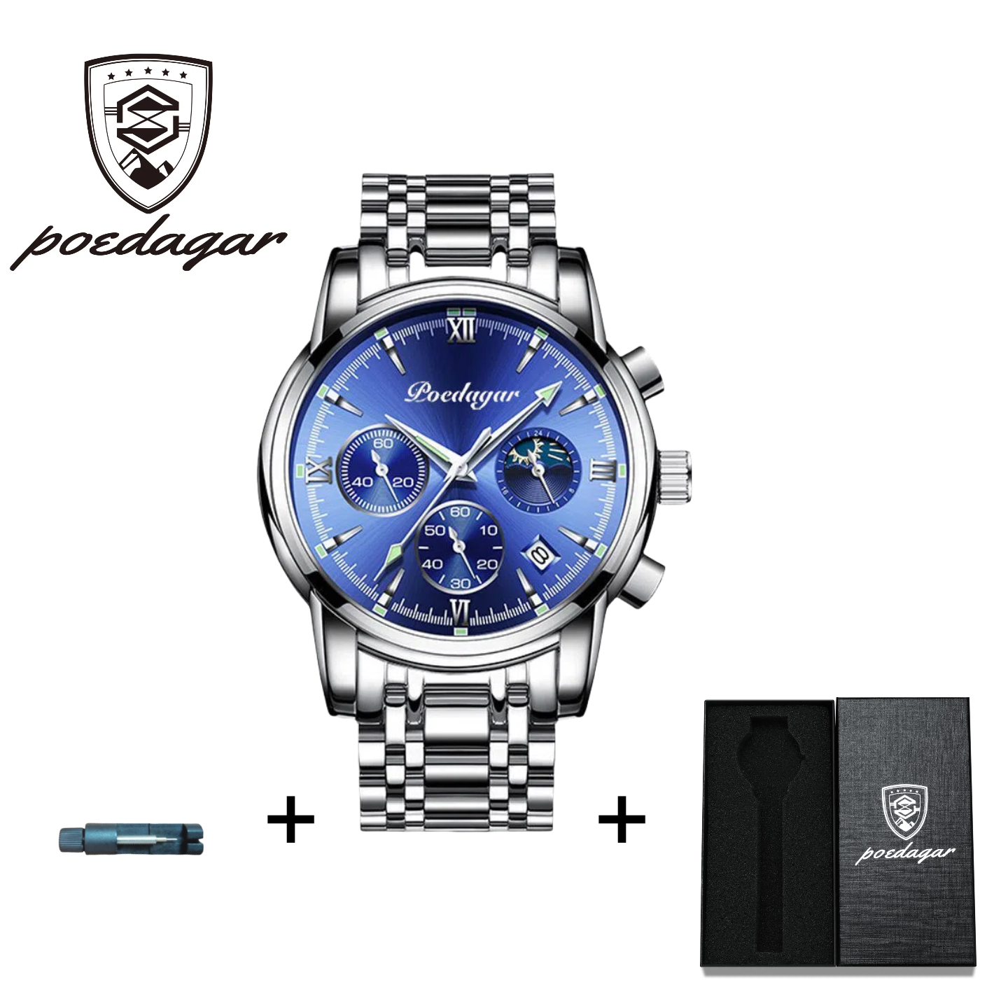 POEDAGAR Official Certified Product 2025 New men's waterproof luminous quartz  steel or leather belt wristwatch