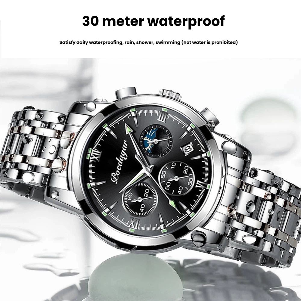 POEDAGAR Official Certified Product 2025 New men's waterproof luminous quartz  steel or leather belt wristwatch