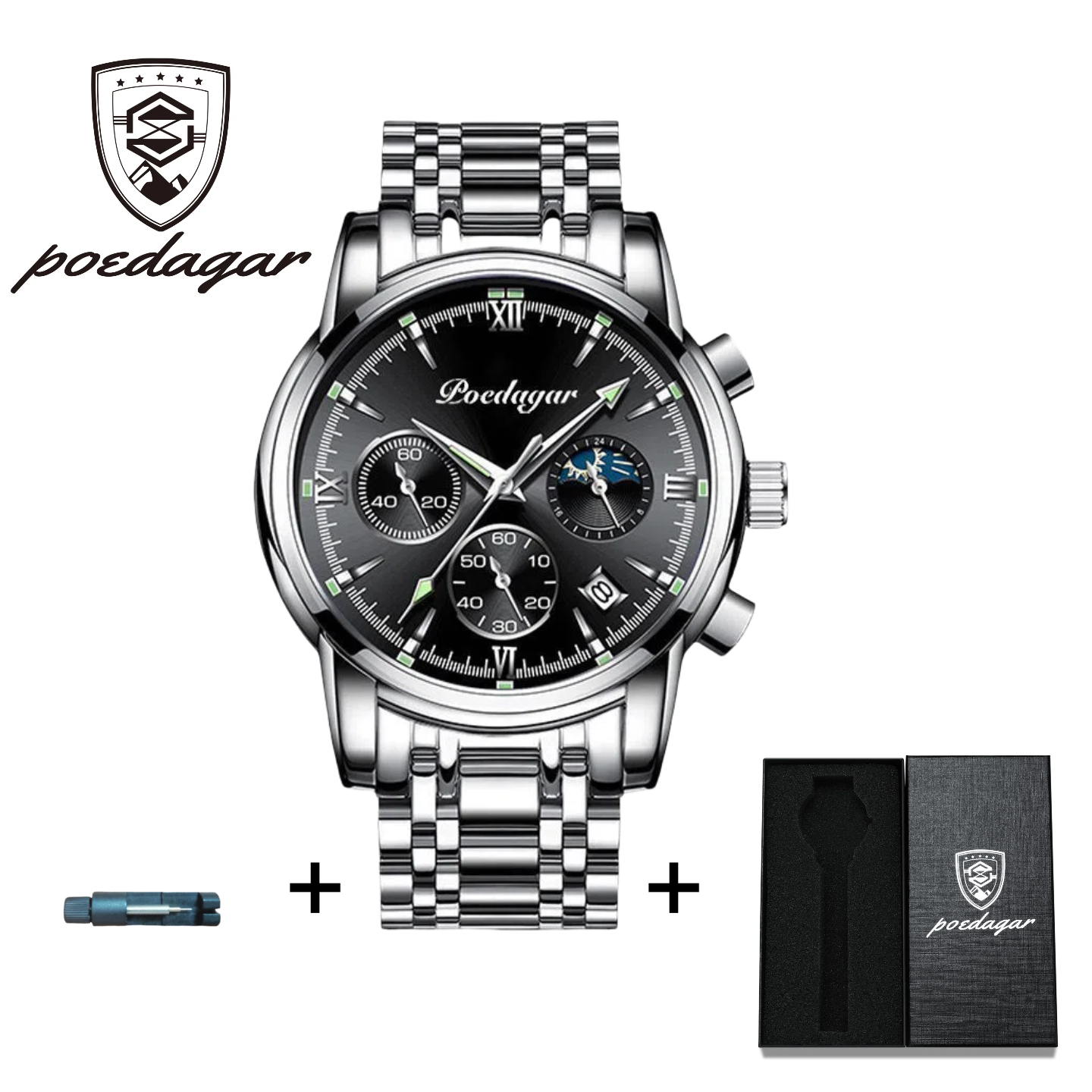 POEDAGAR Official Certified Product 2025 New men's waterproof luminous quartz  steel or leather belt wristwatch