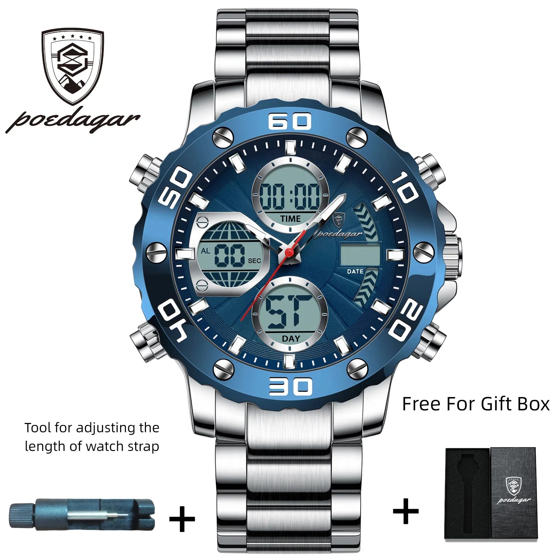 POEDAGAR Official Certified Product 2025 New dual display electronic watch for men; multi-functional luminous watch