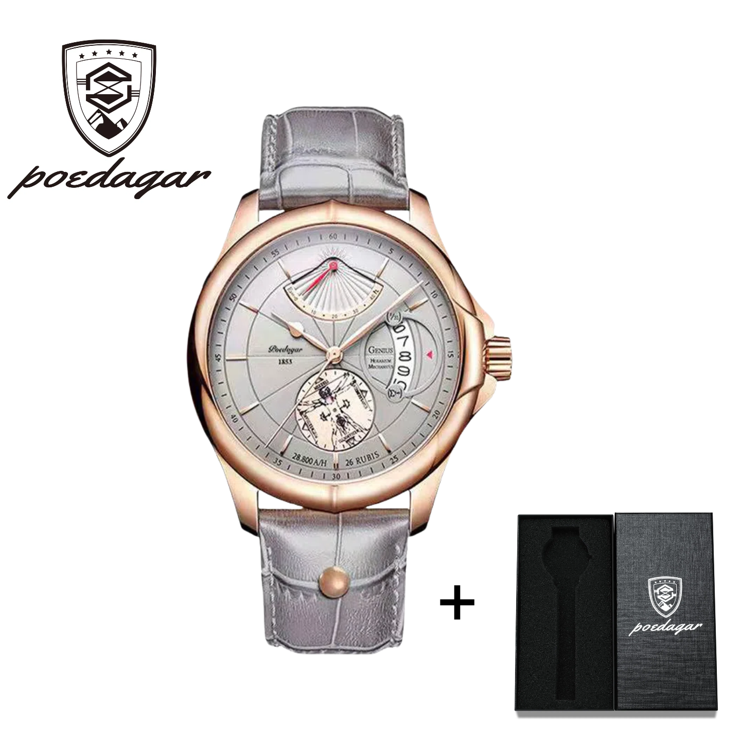 POEDAGAR Official Certified Product 2025 New men's waterproof luminous calendar quartz leather belt wristwatch