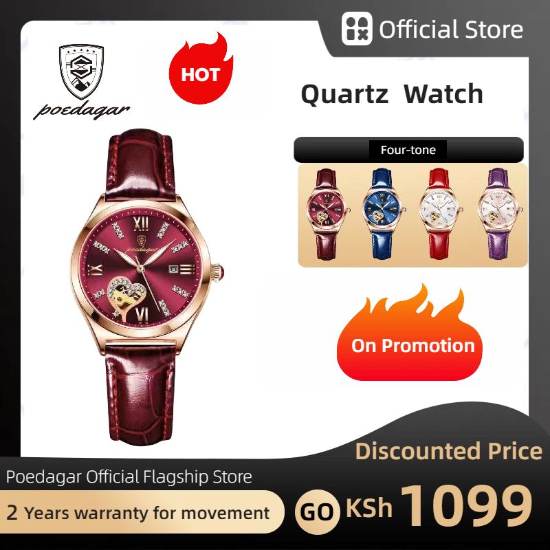 POEDAGAR Official Certified Product 2025 New Girl's/Women’s waterproof luminous calendar quartz leather belt wristwatch