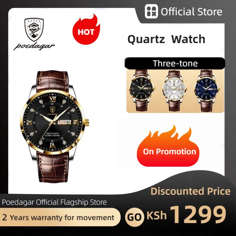 POEDAGAR Official Certified Product 2025 New men's waterproof luminous calendar week quartz leather belt wristwatch