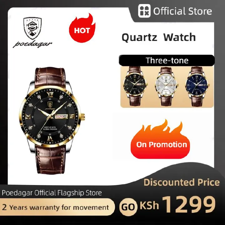 POEDAGAR Official Certified Product 2025 New men's waterproof luminous calendar week quartz leather belt wristwatch