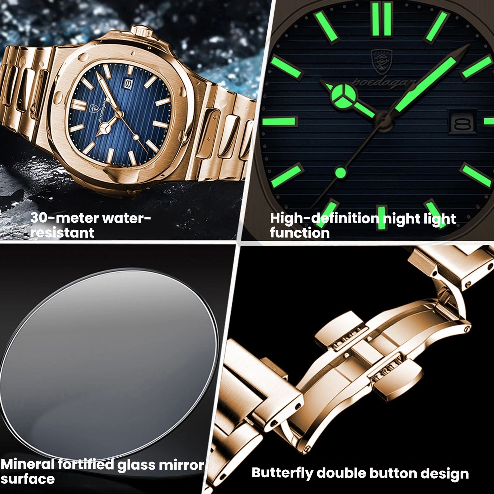 POEDAGAR Official Certified Product 2025 New waterproof  Golden-Rose men's night vision watch calendar quartz watch