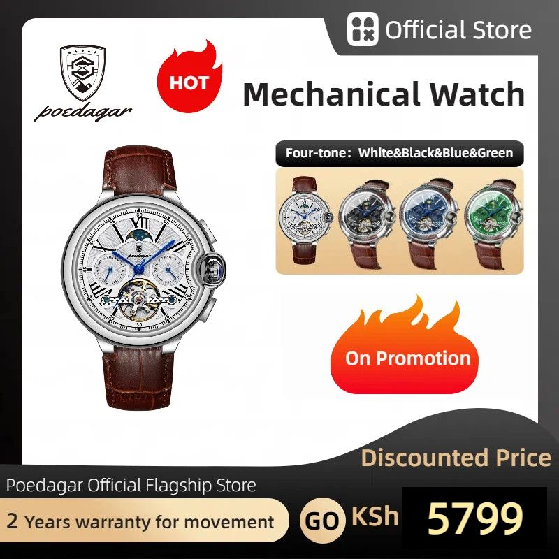 POEDAGAR Official Certified Product 2025 New Men’s Mechanical Watch Waterproof Men's Automatic Tourbillon Wristwatch
