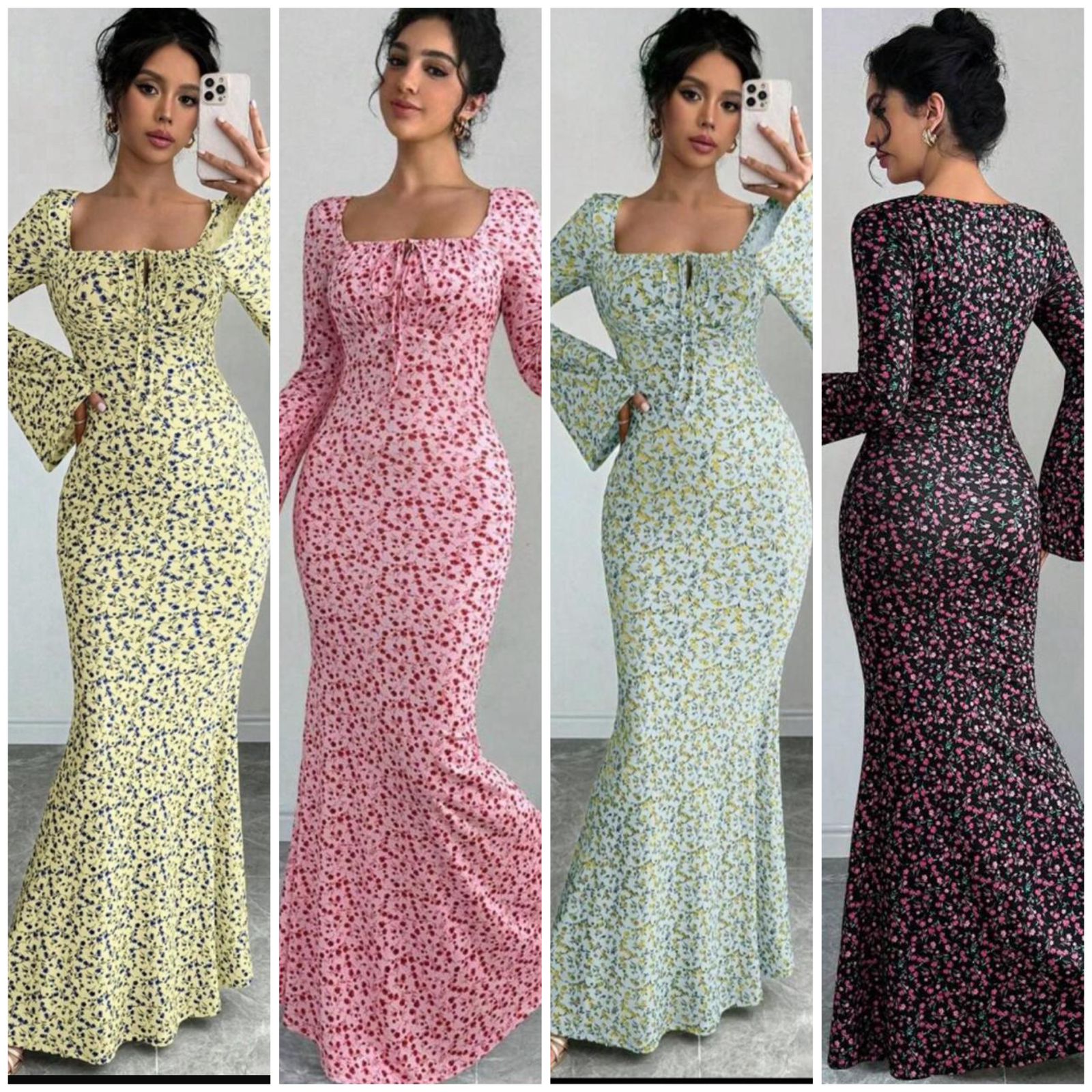 Boho Floral Print Maxi Dress with Flared Sleeves – Mermaid Fit Long Bodycon Dress for Women